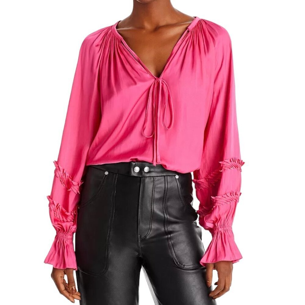 Ramy Brook Maty Balloon Sleeve Blouse Top Shirt Flowy Fringe Size Large NWT
